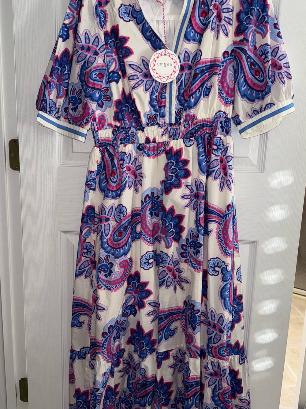 Umgee White Maxi Dress with Blue and Pink Paisley Print